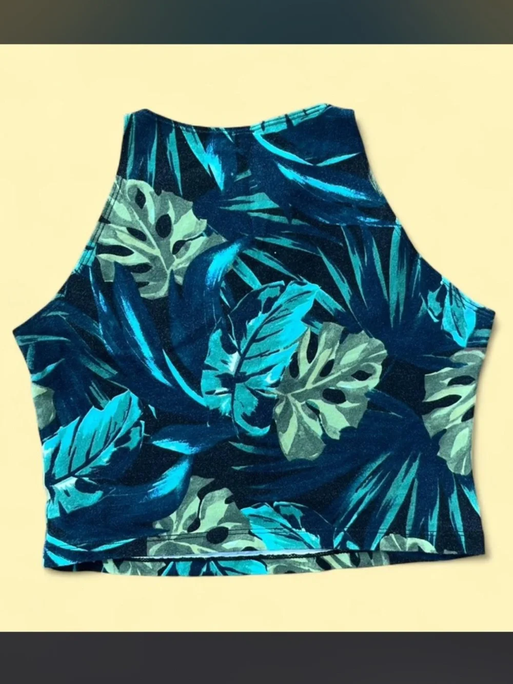 American Apparel Tropical Leaf Print Crop Tank Top - Teal Green - Picture 2 of 2